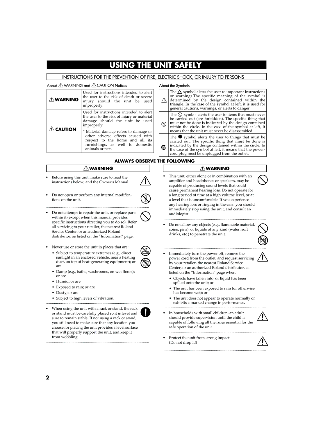 Roland SSM-151, SST-151/251, SSW-351 owner manual Protect the unit from strong impact. Do not drop it 