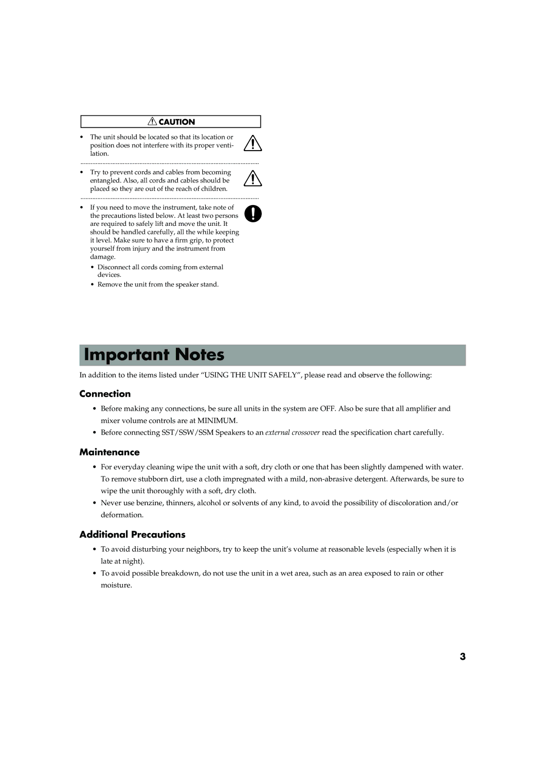 Roland SST-151/251, SSW-351, SSM-151 owner manual Important Notes, Connection 