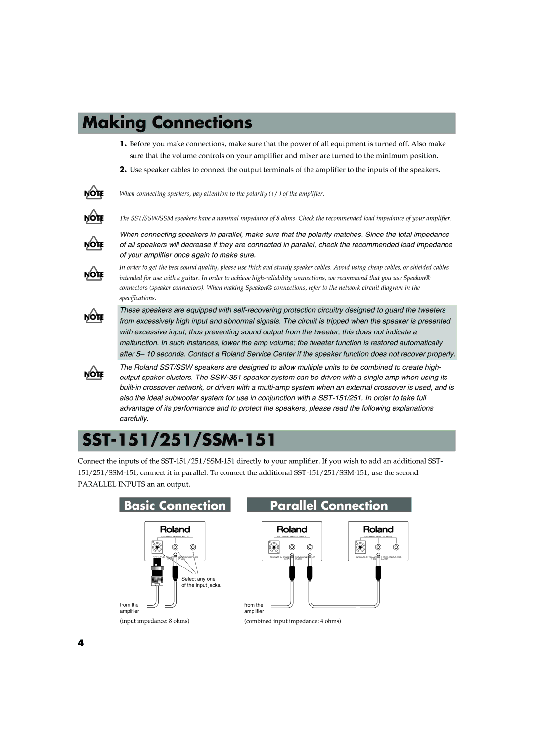 Roland SSW-351 owner manual Making Connections, SST-151/251/SSM-151 