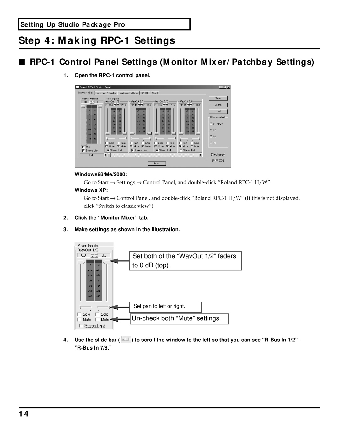 Roland Studio Package Pro owner manual Making RPC-1 Settings, Open the RPC-1 control panel Windows98/Me/2000, Windows XP 