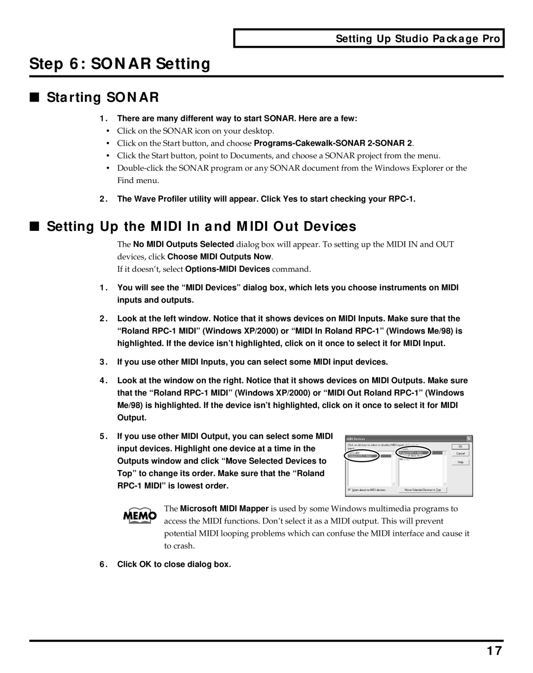 Roland Studio Package Pro owner manual Sonar Setting, Starting Sonar, Setting Up the Midi In and Midi Out Devices 