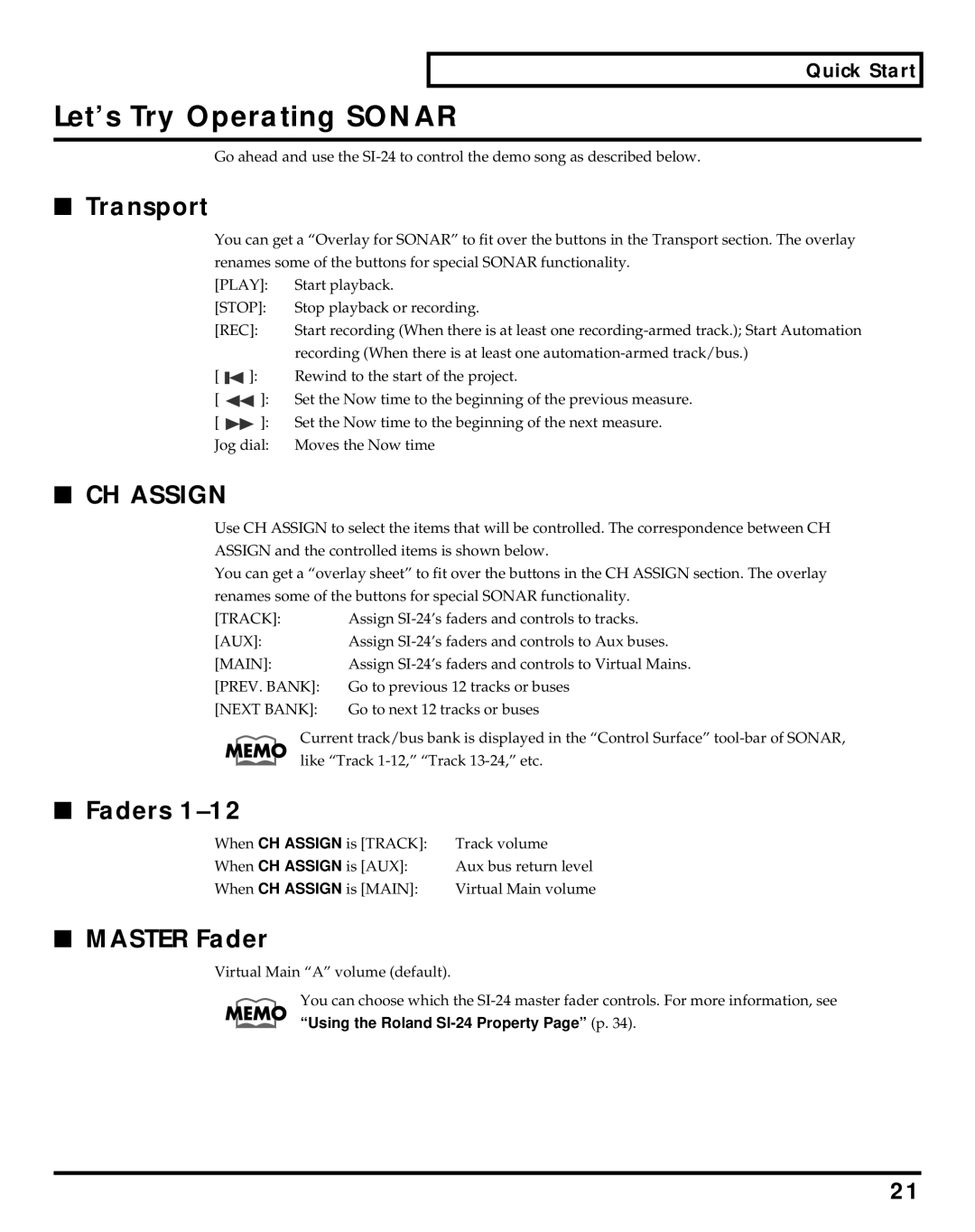 Roland Studio Package Pro owner manual Let’s Try Operating Sonar, Transport, Faders, Master Fader 