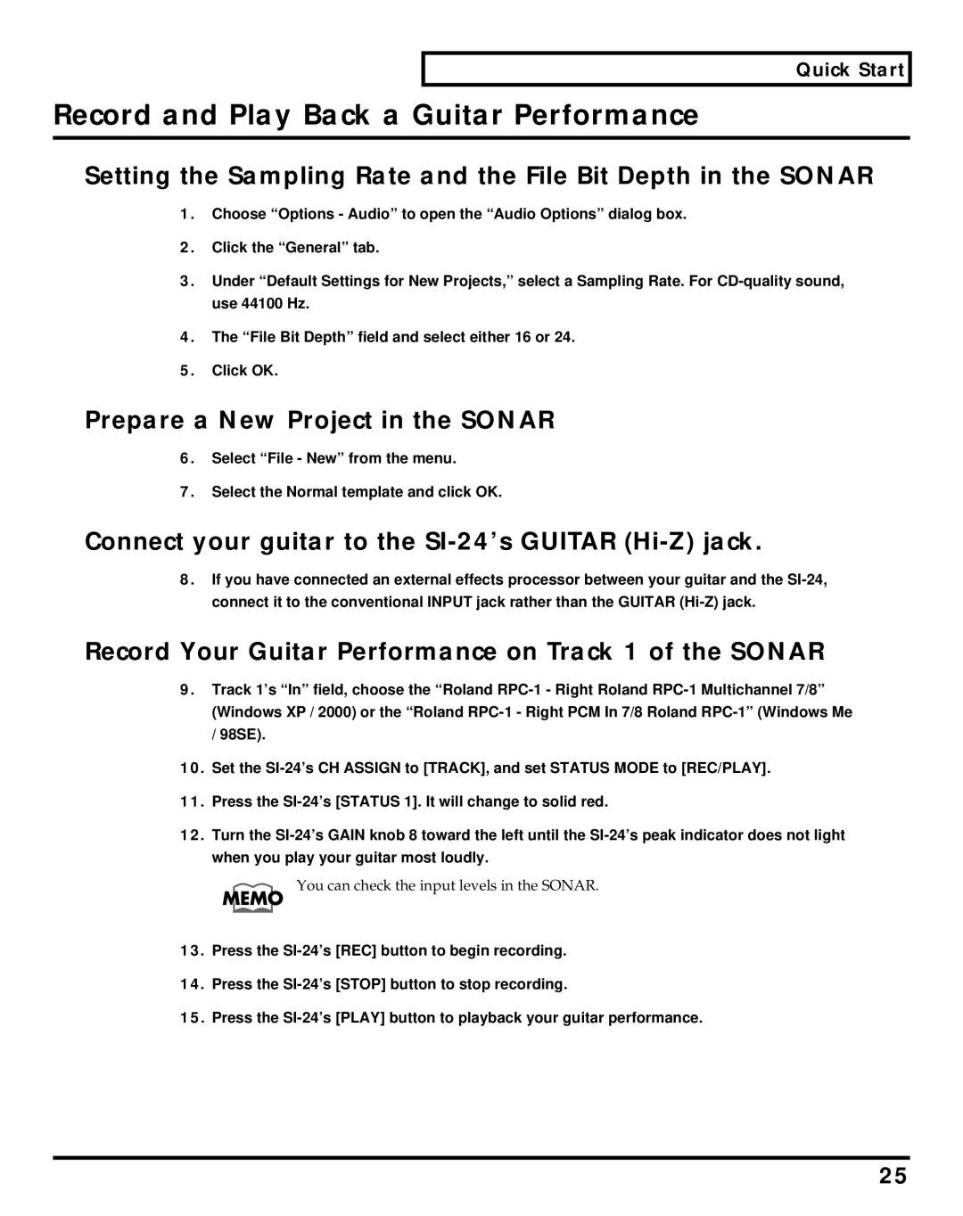 Roland Studio Package Pro owner manual Record and Play Back a Guitar Performance, Prepare a New Project in the Sonar 