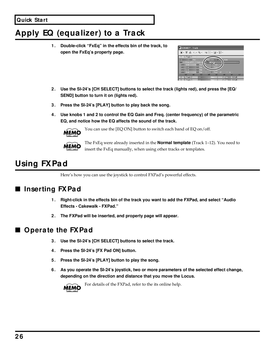 Roland Studio Package Pro owner manual Apply EQ equalizer to a Track, Using FXPad, Inserting FXPad, Operate the FXPad 