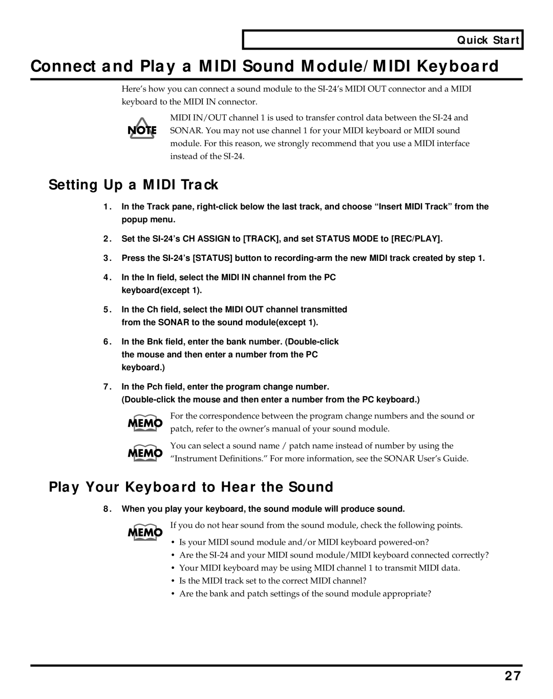 Roland Studio Package Pro owner manual Connect and Play a Midi Sound Module/MIDI Keyboard, Setting Up a Midi Track 