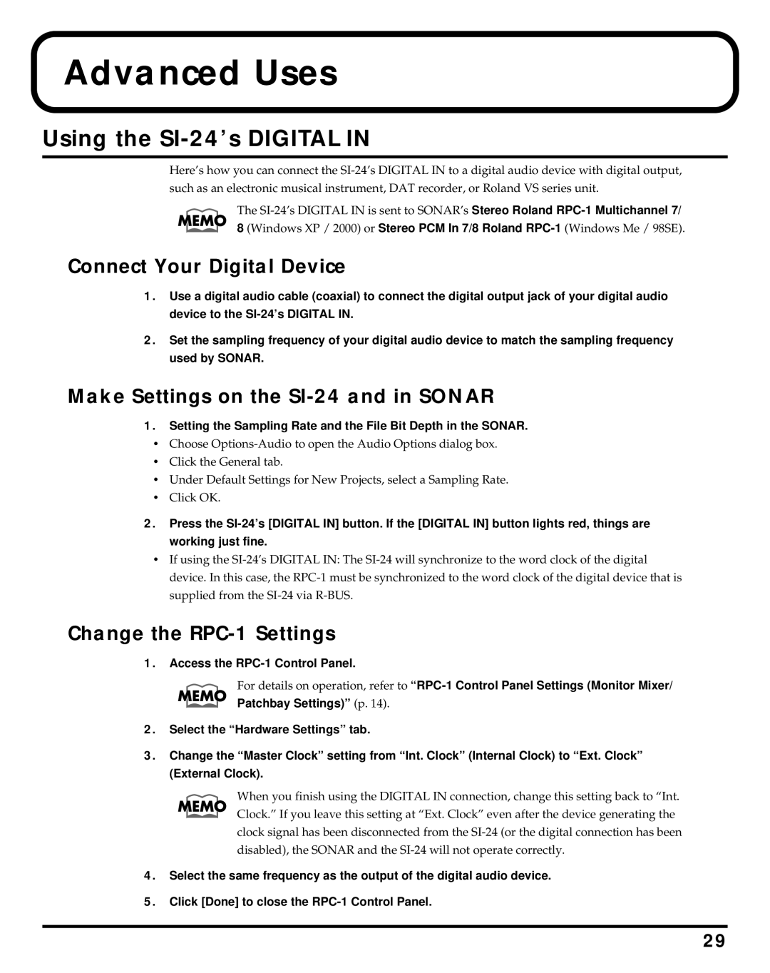 Roland Studio Package Pro Advanced Uses, Using the SI-24’s Digital, Connect Your Digital Device, Change the RPC-1 Settings 