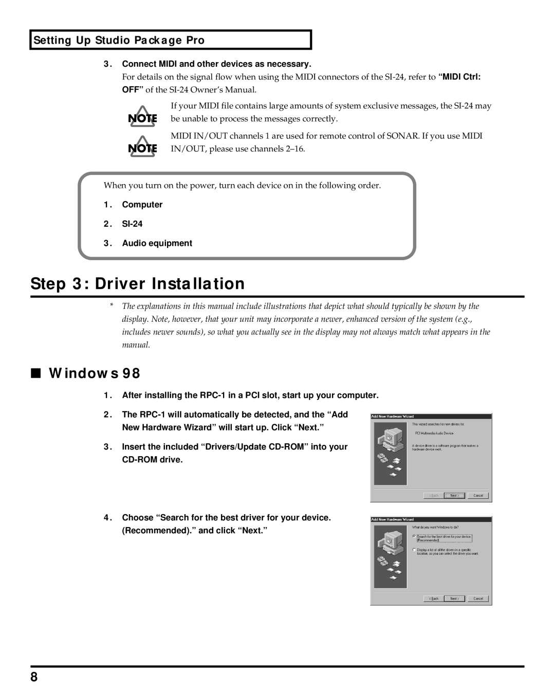 Roland Studio Package Pro owner manual Driver Installation, Windows, Connect Midi and other devices as necessary 