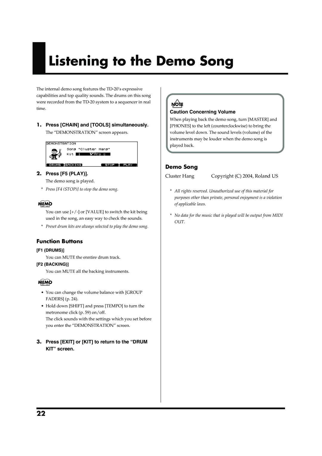 Roland TD-20 owner manual Listening to the Demo Song, Function Buttons 