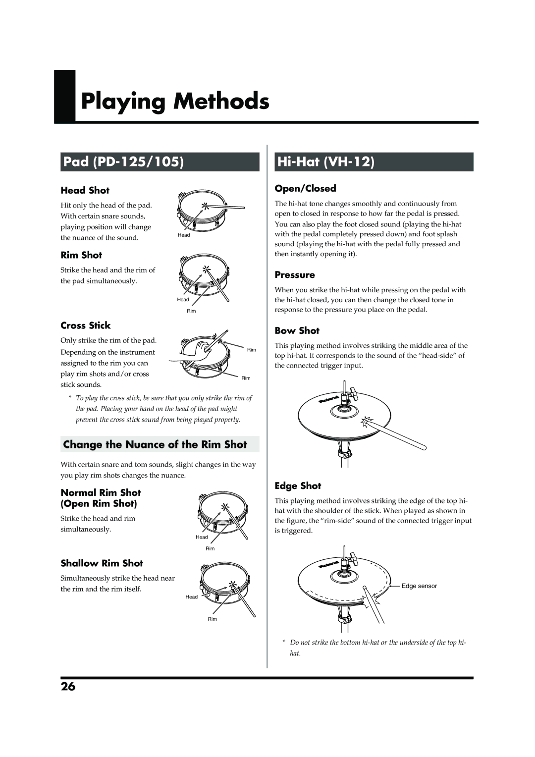 Roland TD-20 owner manual Playing Methods, Pad PD-125/105, Hi-Hat VH-12, Change the Nuance of the Rim Shot 