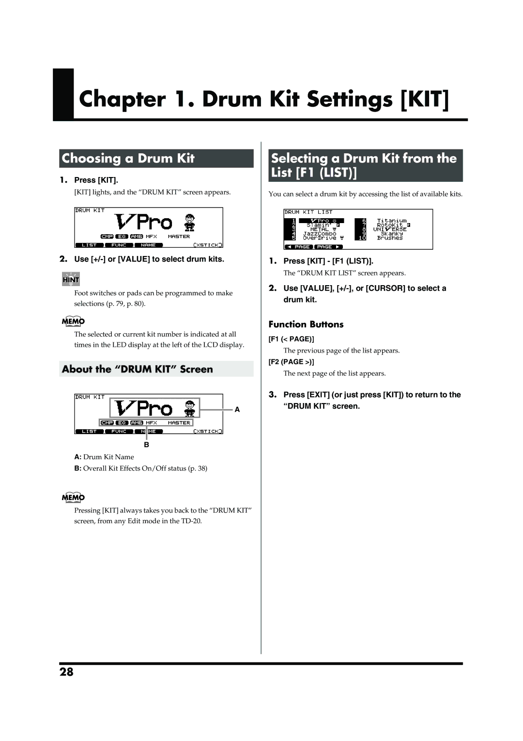 Roland TD-20 owner manual Drum Kit Settings KIT, Choosing a Drum Kit, Selecting a Drum Kit from the List F1 List 