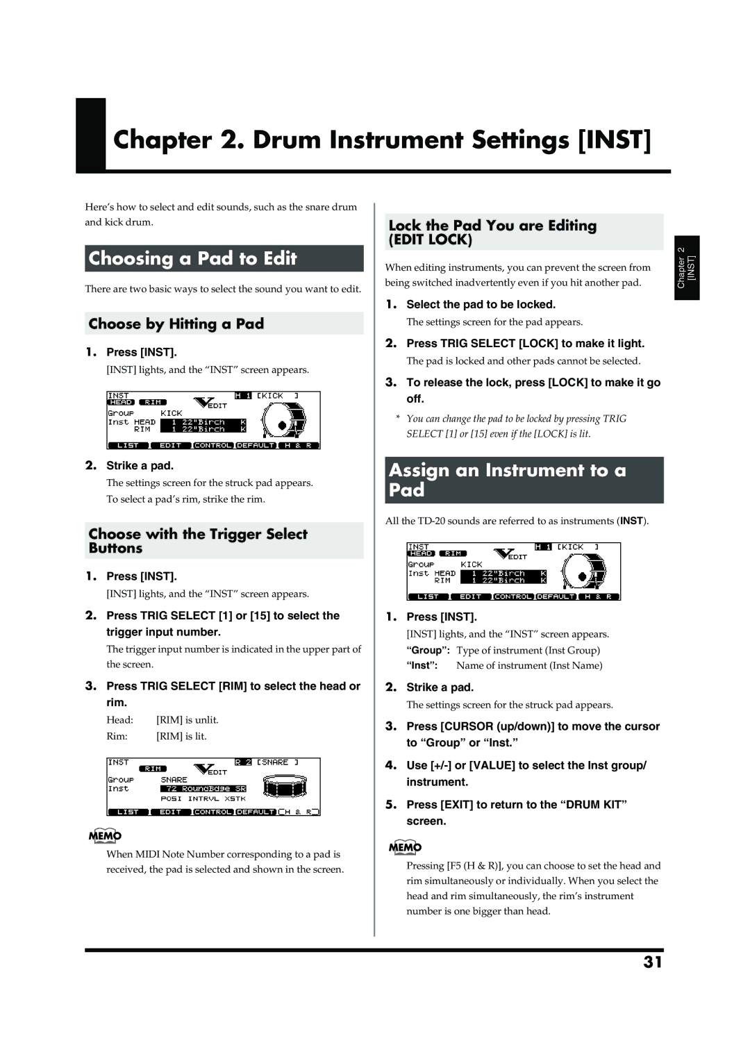 Roland TD-20 owner manual Choosing a Pad to Edit, Assign an Instrument to a Pad, Choose by Hitting a Pad 