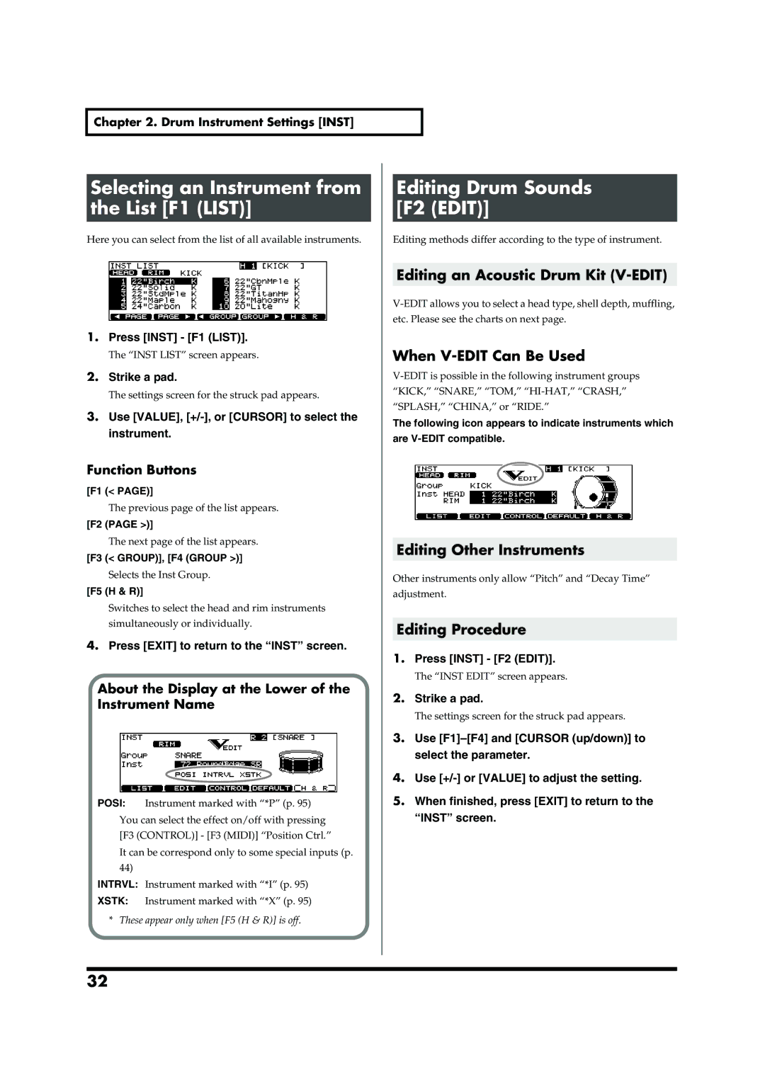 Roland TD-20 owner manual Selecting an Instrument from the List F1 List, Editing Drum Sounds F2 Edit 