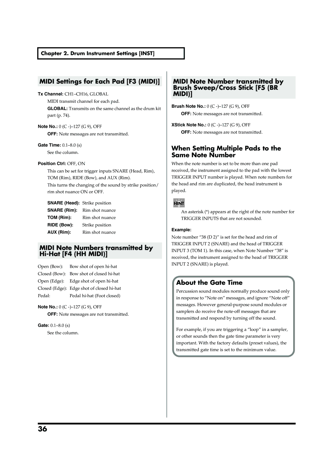 Roland TD-20 Midi Settings for Each Pad F3 Midi, Midi Note Numbers transmitted by Hi-Hat F4 HH Midi, About the Gate Time 