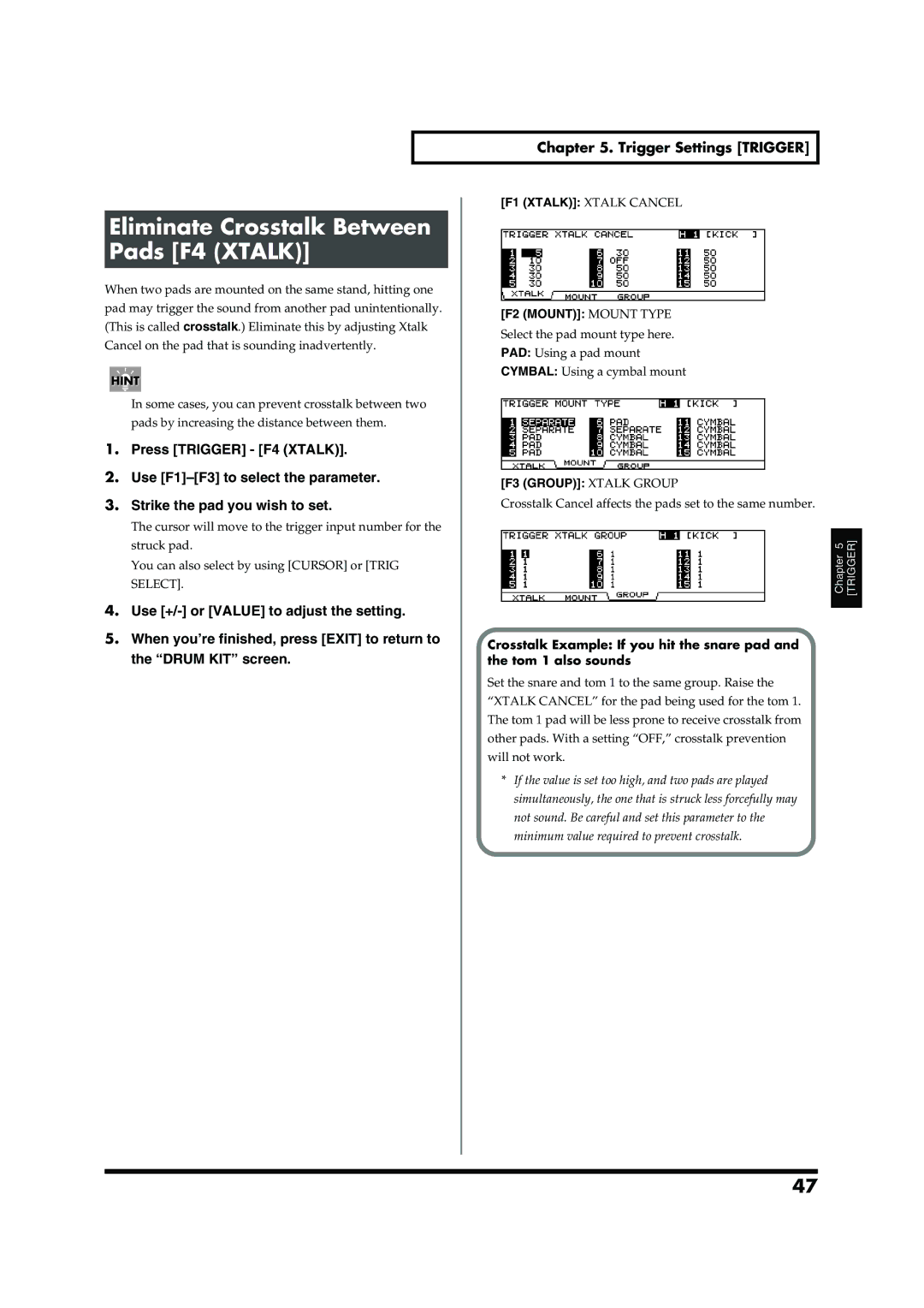 Roland TD-20 owner manual Eliminate Crosstalk Between Pads F4 Xtalk, F1 Xtalk Xtalk Cancel, F3 Group Xtalk Group 