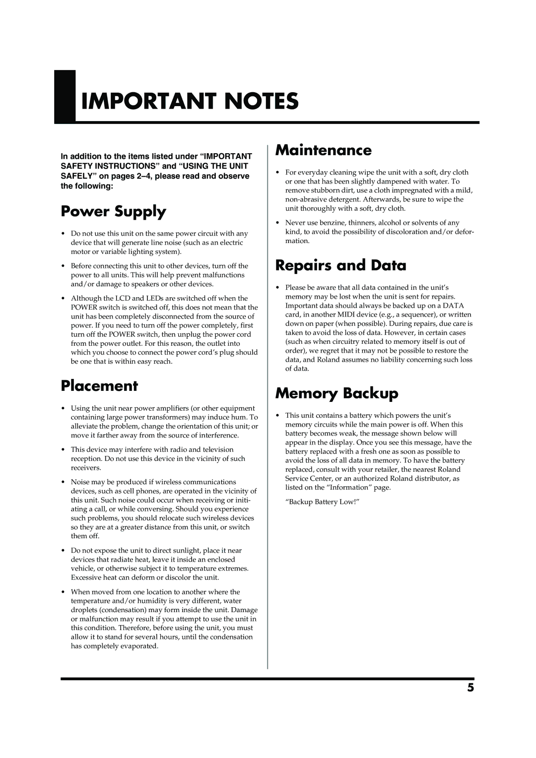 Roland TD-20 owner manual Important Notes 