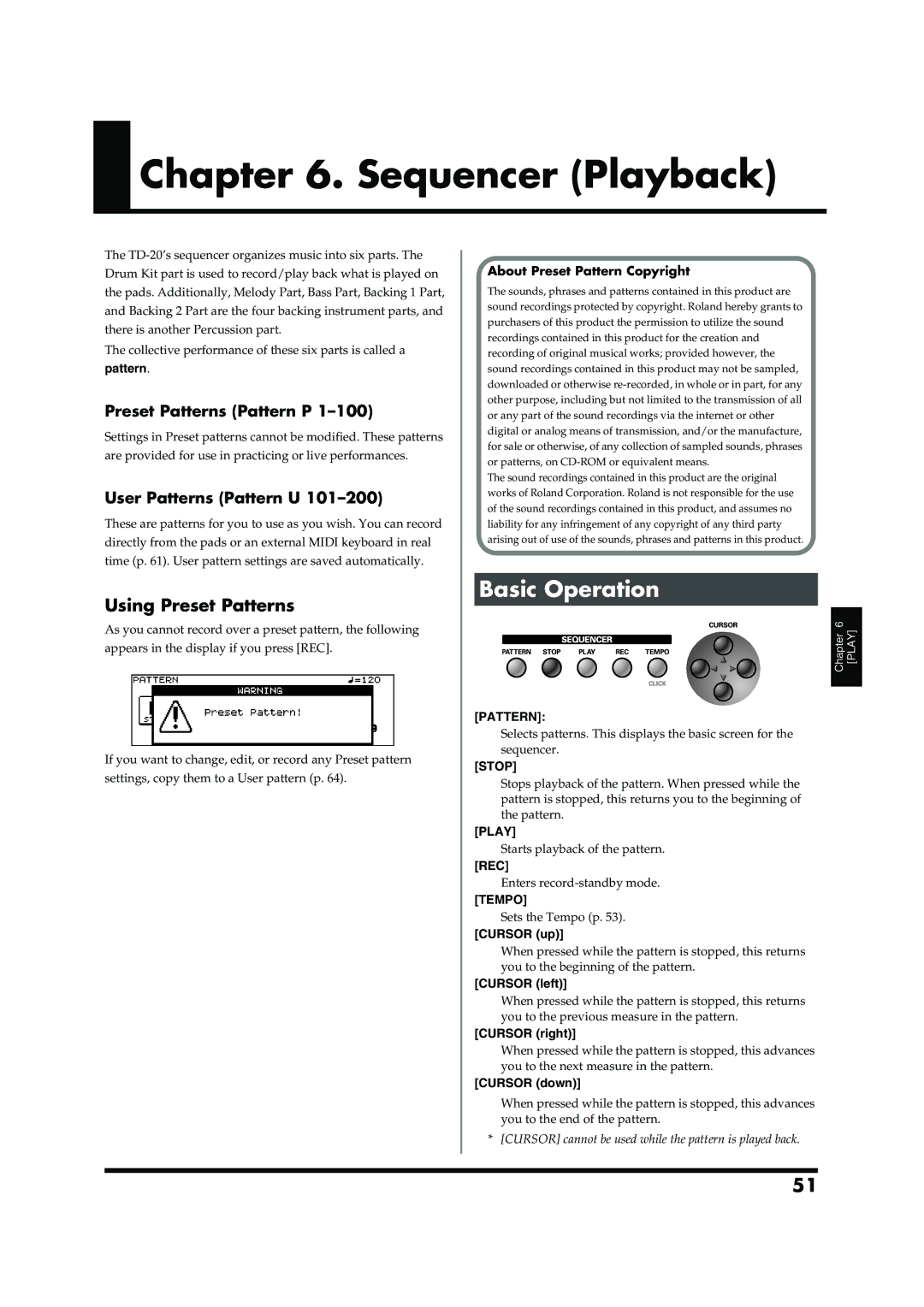 Roland TD-20 owner manual Sequencer Playback, Basic Operation, Using Preset Patterns, Preset Patterns Pattern P 