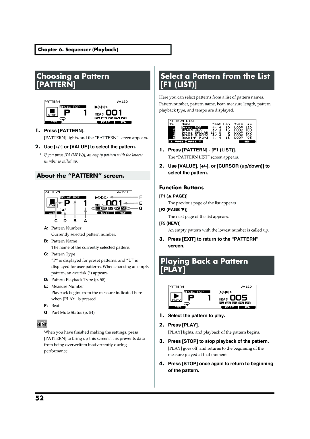 Roland TD-20 owner manual Choosing a Pattern Pattern, Select a Pattern from the List F1 List, Playing Back a Pattern Play 