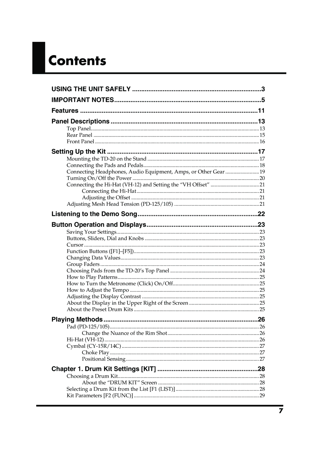 Roland TD-20 owner manual Contents 