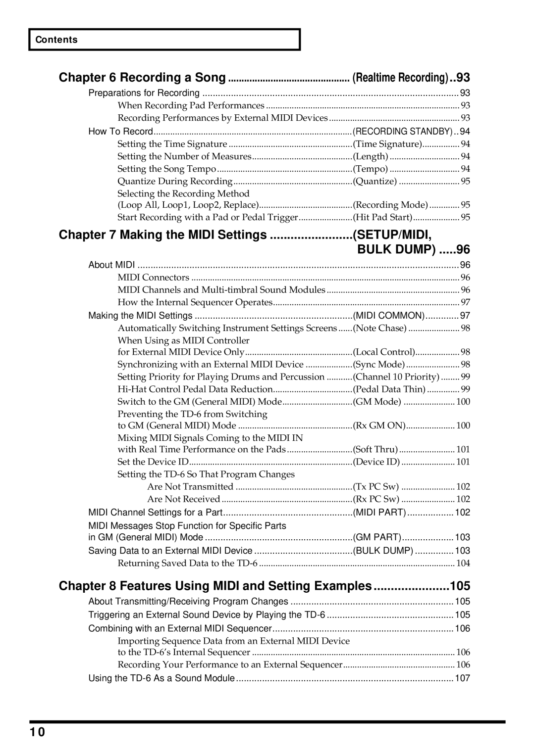 Roland TD-6 Making the Midi Settings, Features Using Midi and Setting Examples 105, Recording a Song, Realtime Recording 