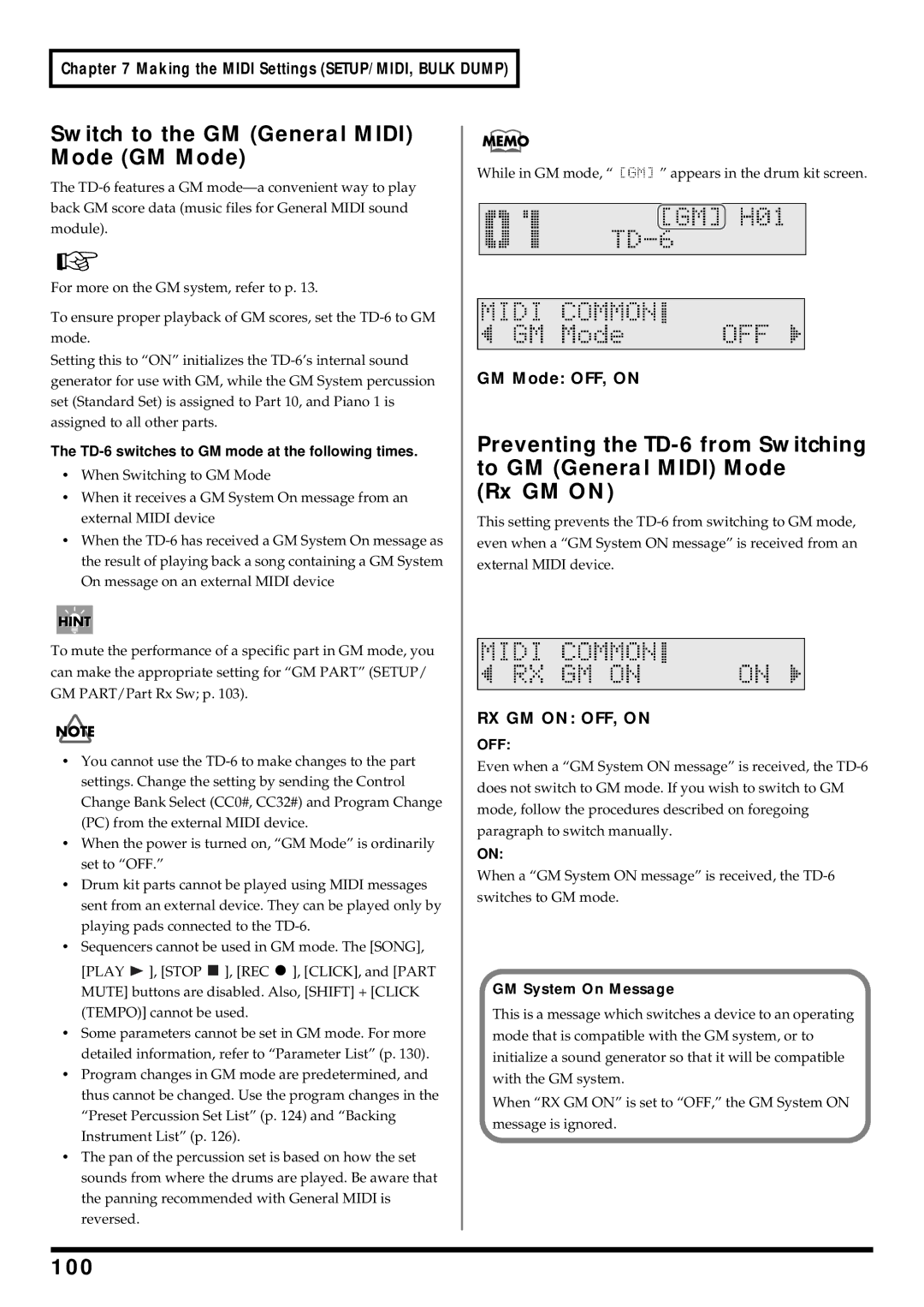 Roland TD-6 owner manual Switch to the GM General Midi Mode GM Mode, 100, GM Mode OFF, on 