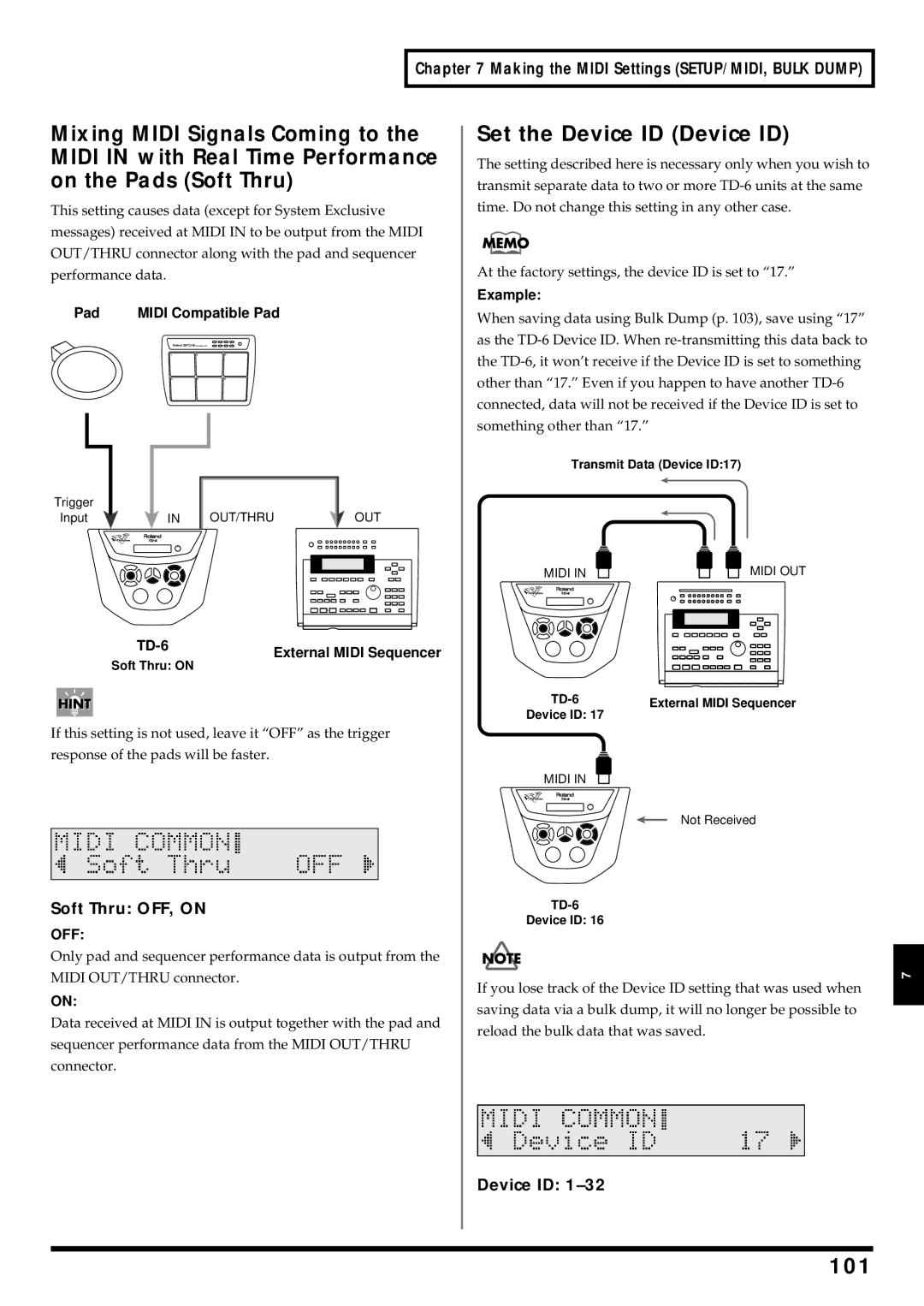 Roland TD-6 owner manual Set the Device ID Device ID, 101, Soft Thru OFF, on 