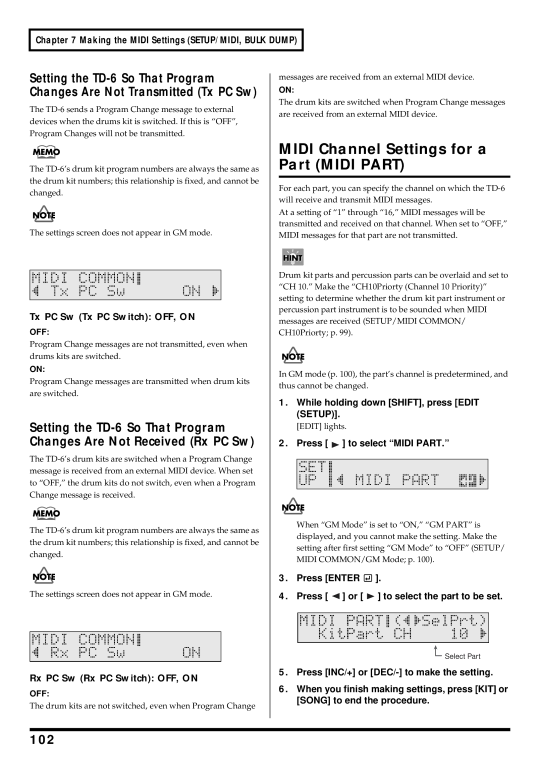 Roland TD-6 Midi Channel Settings for a Part Midi Part, 102, Tx PC Sw Tx PC Switch OFF, on, Rx PC Sw Rx PC Switch OFF, on 