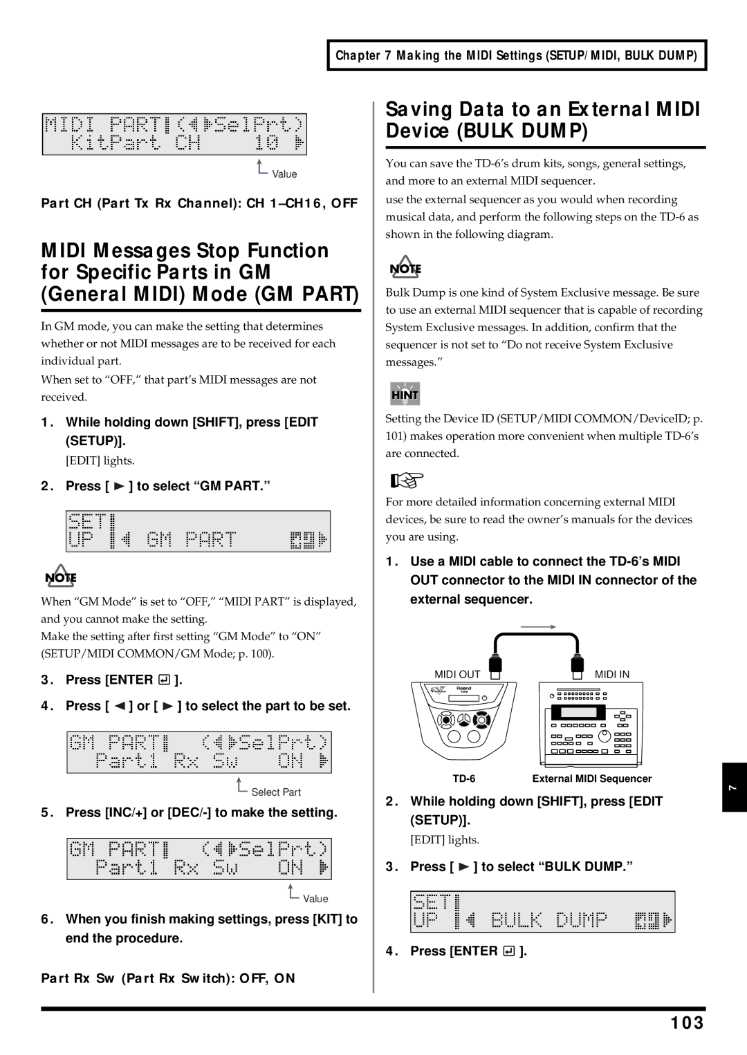 Roland TD-6 owner manual Saving Data to an External Midi, Device Bulk Dump, Midi Messages Stop Function, 103 