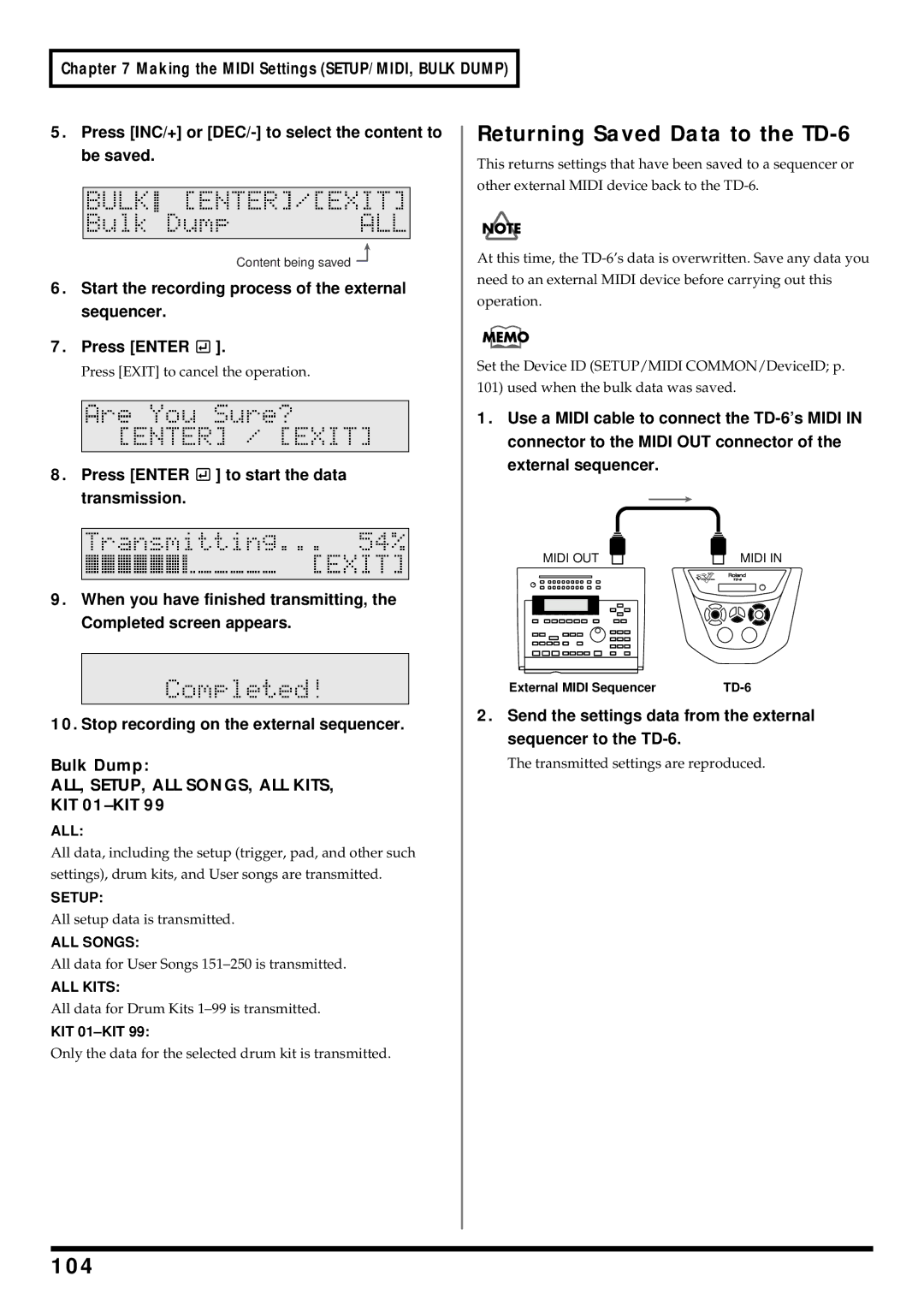 Roland owner manual Returning Saved Data to the TD-6, 104, KIT 01-KIT, External Midi Sequencer TD-6 