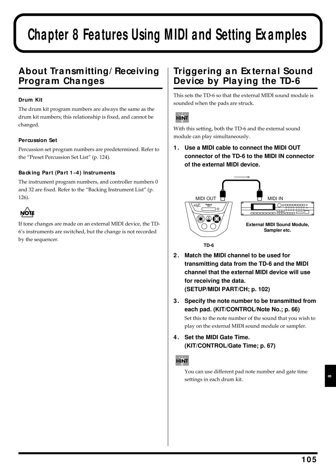 Roland About Transmitting/Receiving Program Changes, Triggering an External Sound Device by Playing the TD-6, 105 