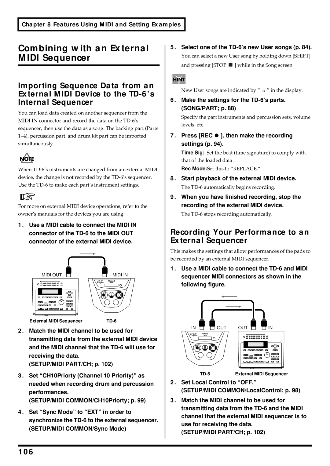 Roland TD-6 Combining with an External Midi Sequencer, Recording Your Performance to an External Sequencer, 106 