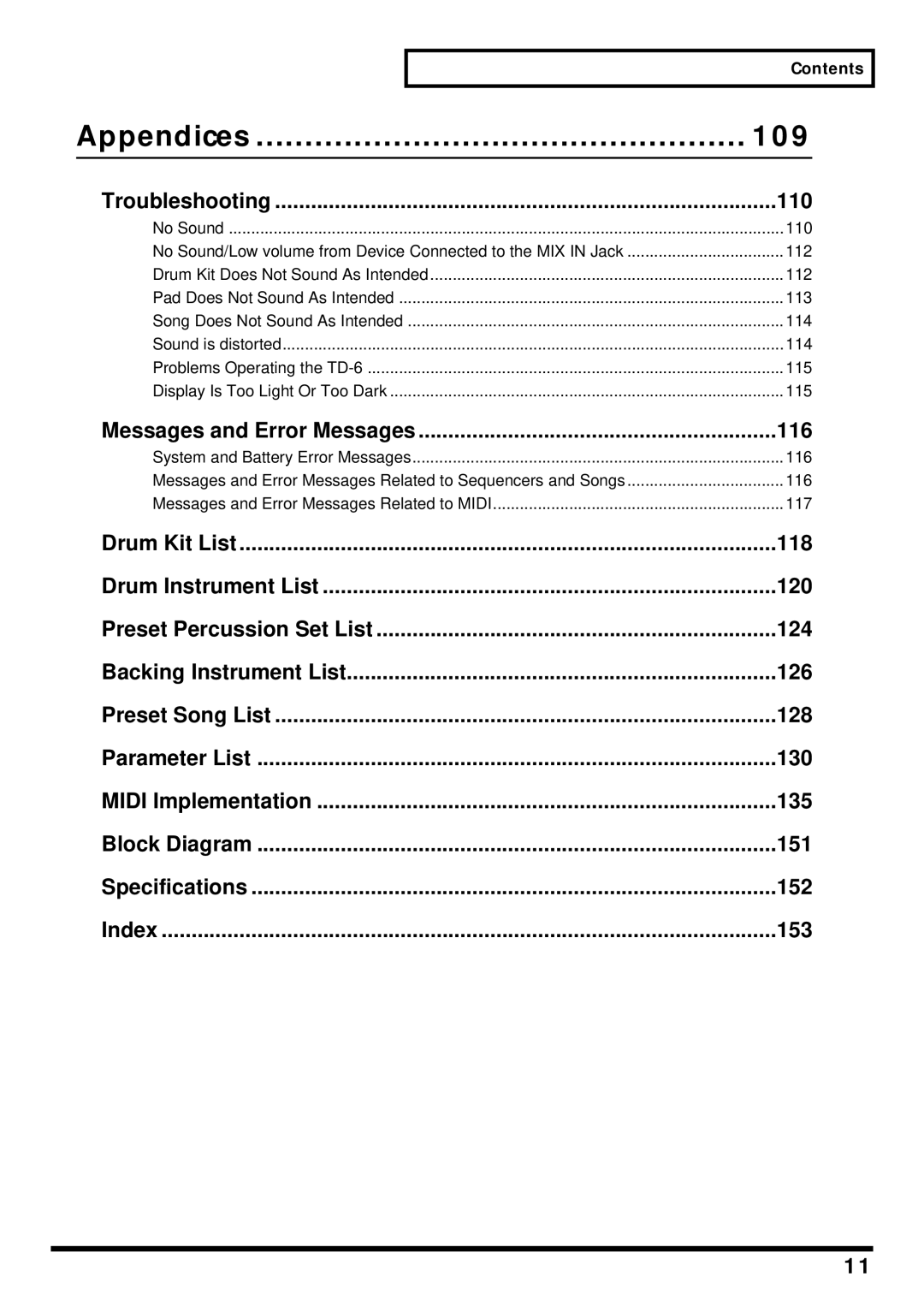 Roland TD-6 owner manual Appendices 109, Troubleshooting 110, Messages and Error Messages 116 