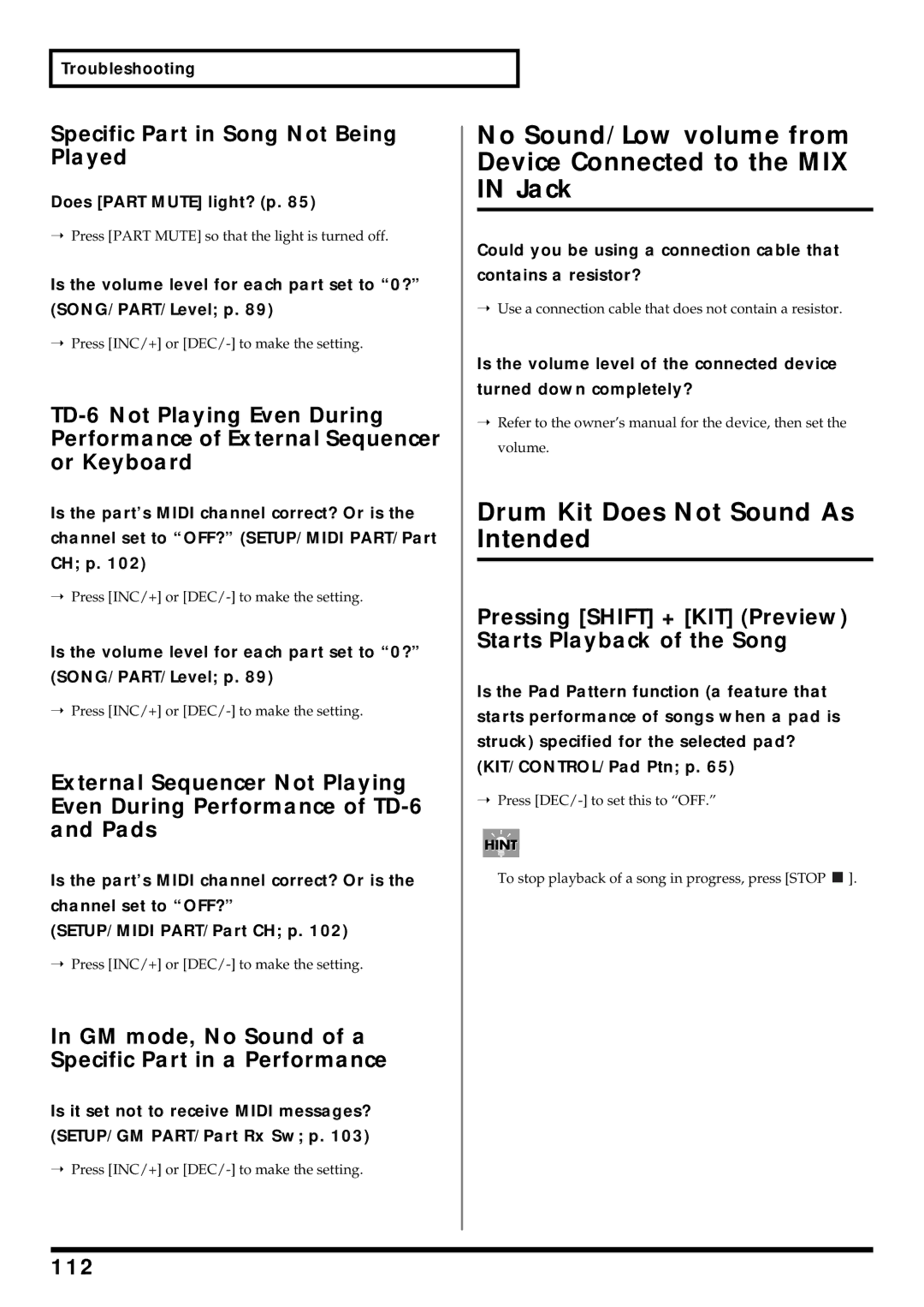 Roland TD-6 owner manual Drum Kit Does Not Sound As Intended, Specific Part in Song Not Being Played, 112 