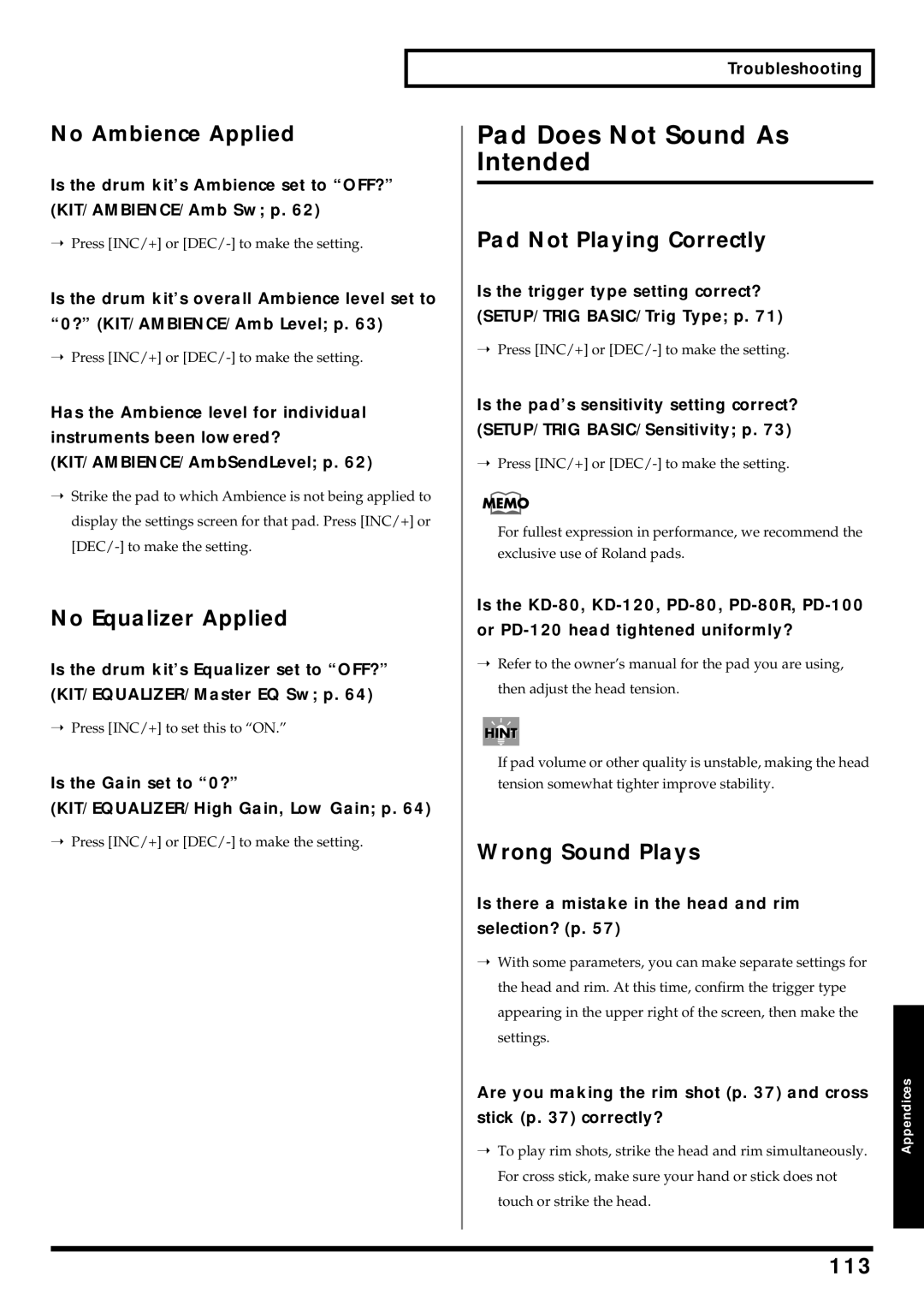 Roland TD-6 owner manual Pad Does Not Sound As Intended 