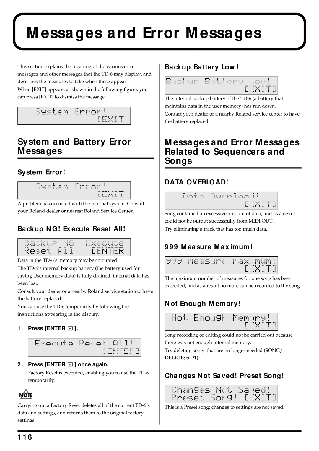 Roland TD-6 Messages and Error Messages, System and Battery Error Messages, 116, Press Enter Press Enter once again 