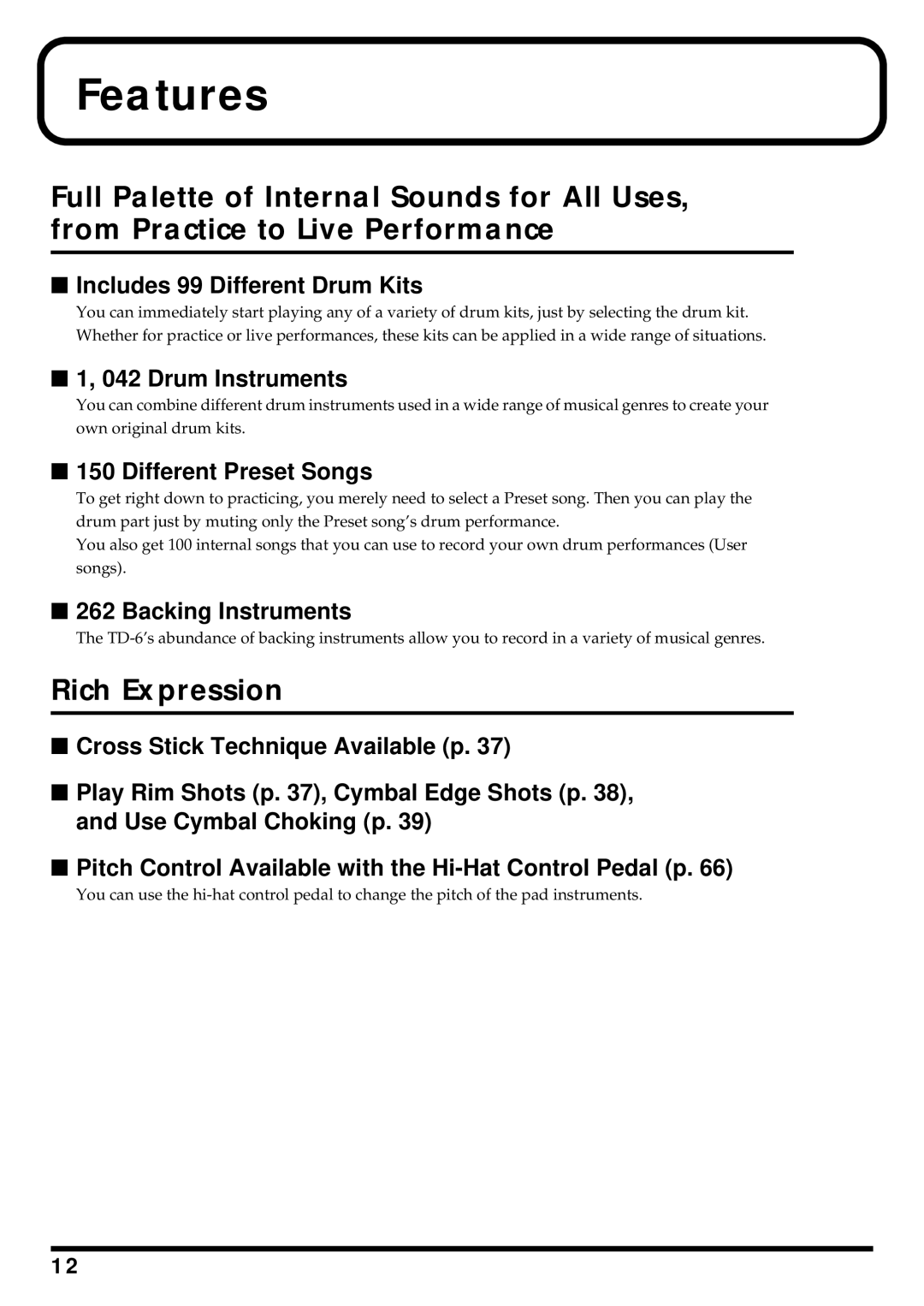 Roland TD-6 owner manual Features, Rich Expression 