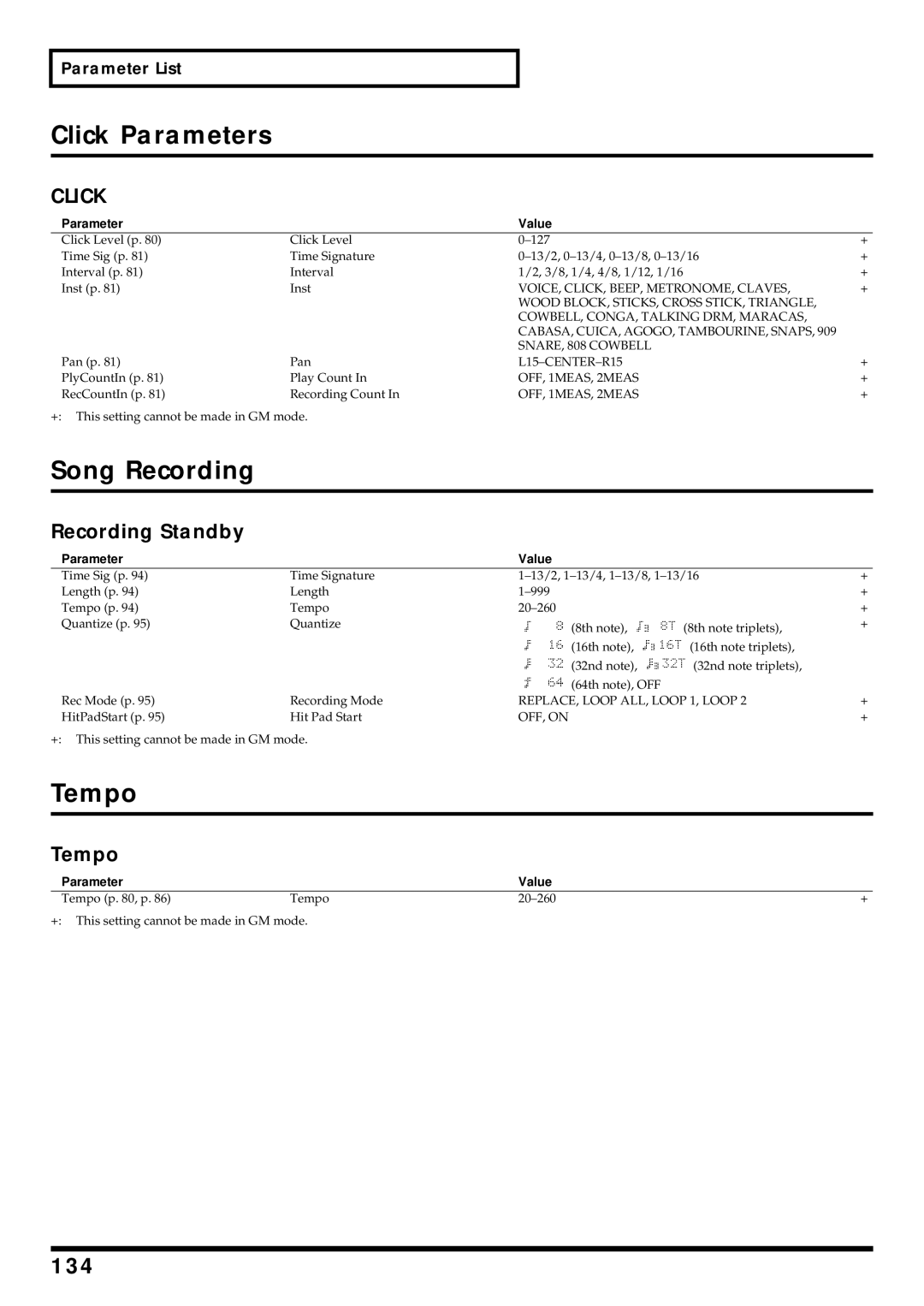 Roland TD-6 owner manual Click Parameters, Song Recording, Tempo, 134 