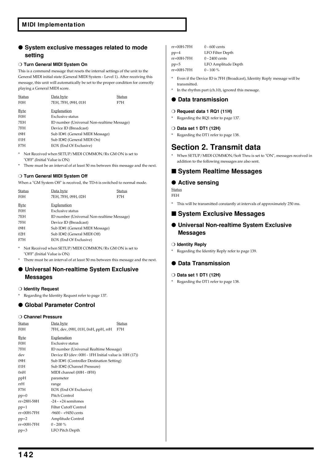 Roland TD-6 owner manual 142, System Realtime Messages, Setting, Global Parameter Control 