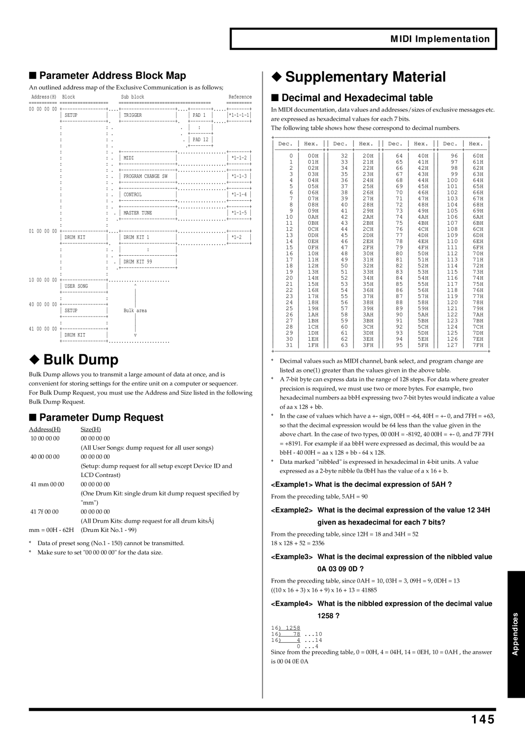 Roland TD-6 owner manual Bulk Dump, Supplementary Material, 145 