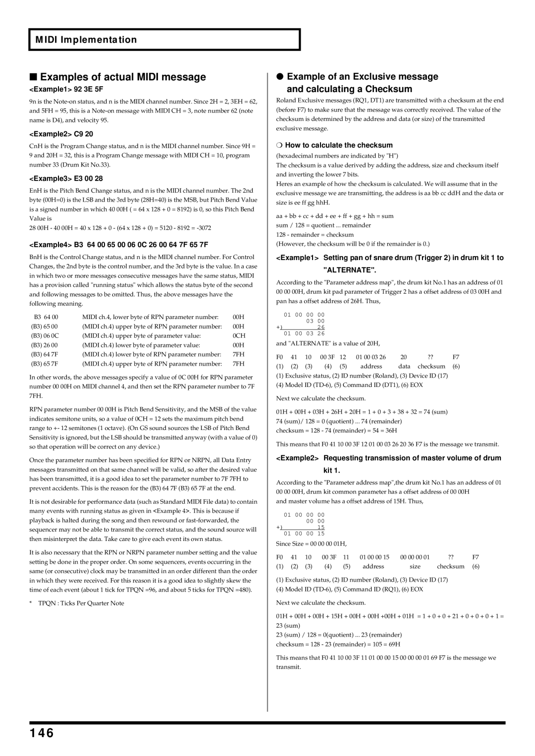 Roland TD-6 owner manual 146, Examples of actual Midi message, Example of an Exclusive message, Calculating a Checksum 