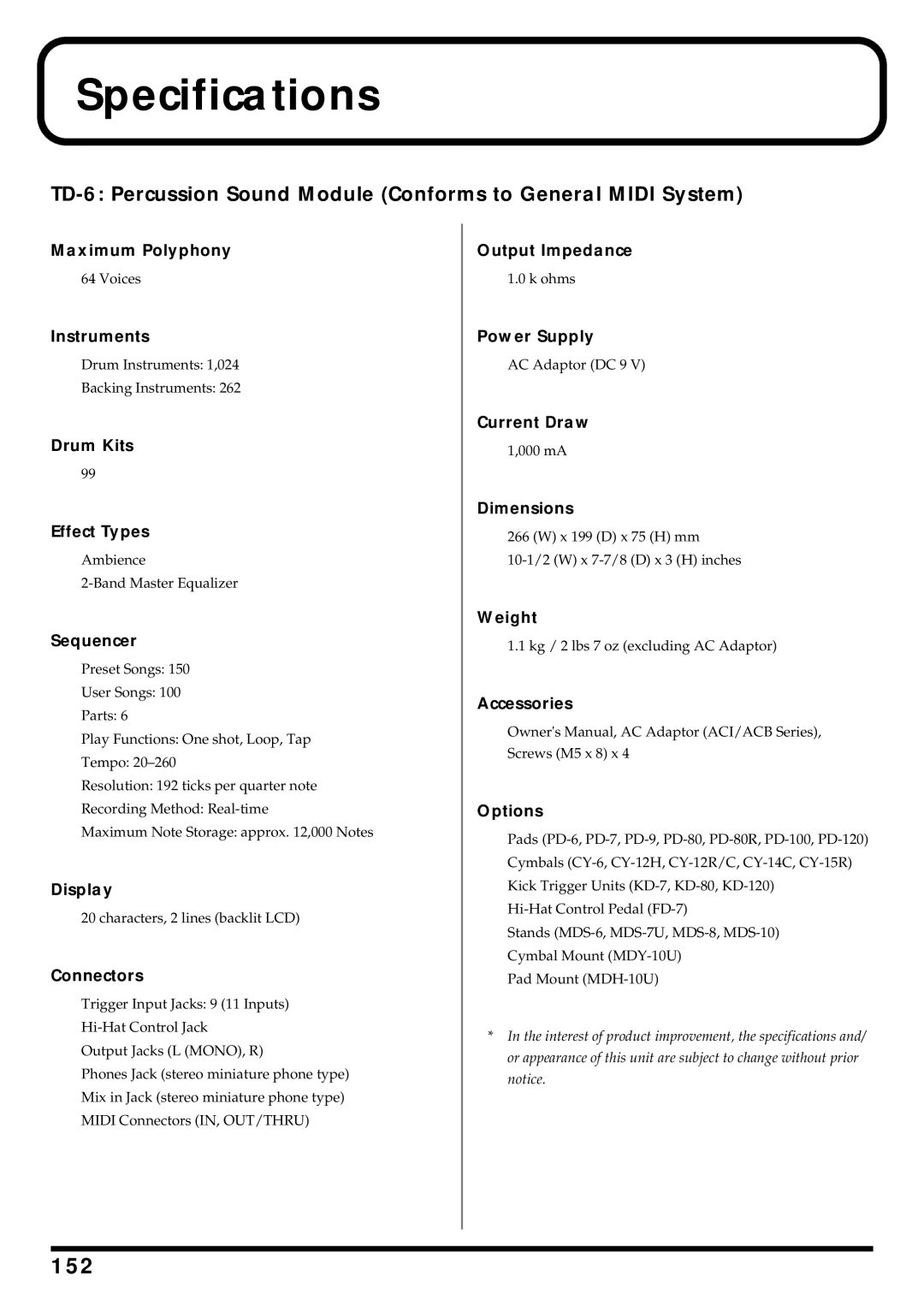 Roland TD-6 owner manual Specifications, 152 