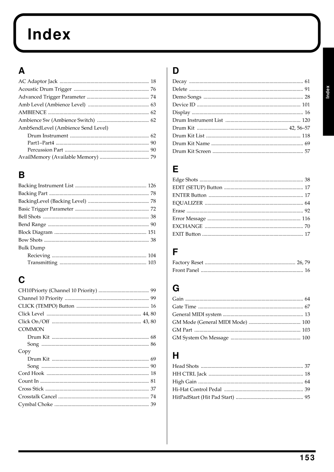 Roland TD-6 owner manual Index, 153 