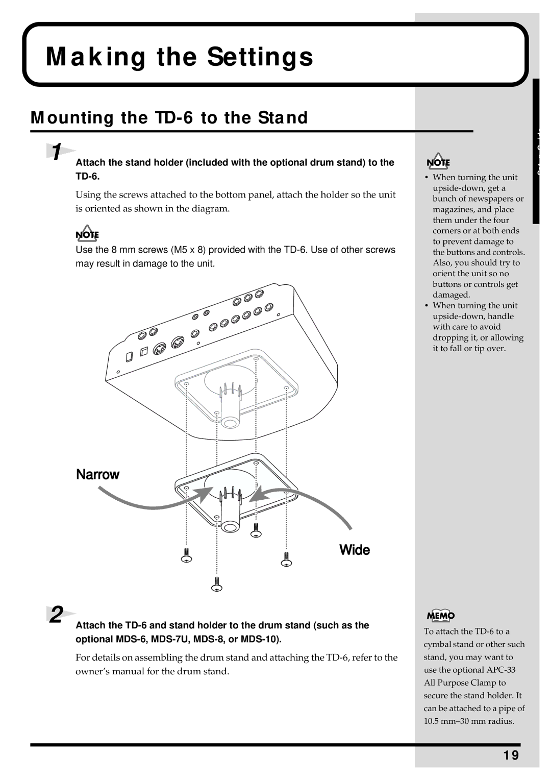 Roland owner manual Making the Settings, Mounting the TD-6 to the Stand 