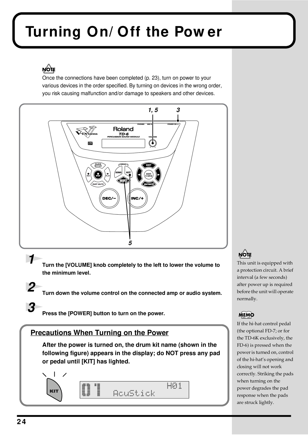 Roland TD-6 owner manual Turning On/Off the Power, Precautions When Turning on the Power 