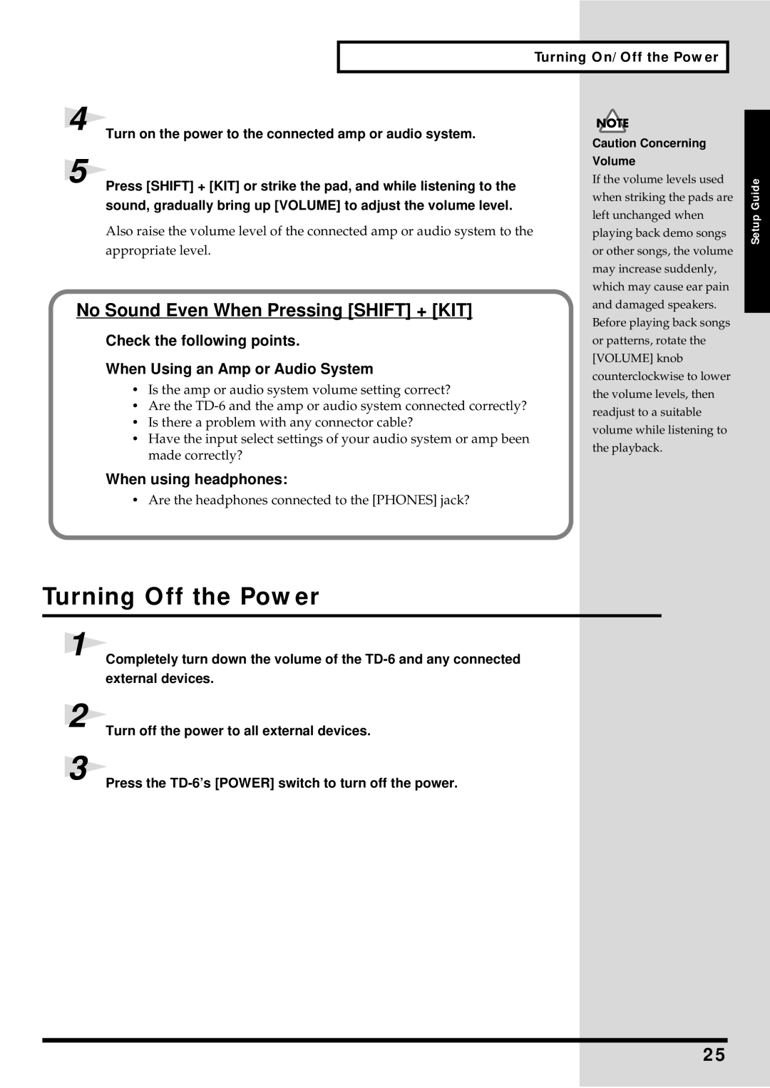 Roland TD-6 owner manual Turning Off the Power, No Sound Even When Pressing Shift + KIT, Check the following points 