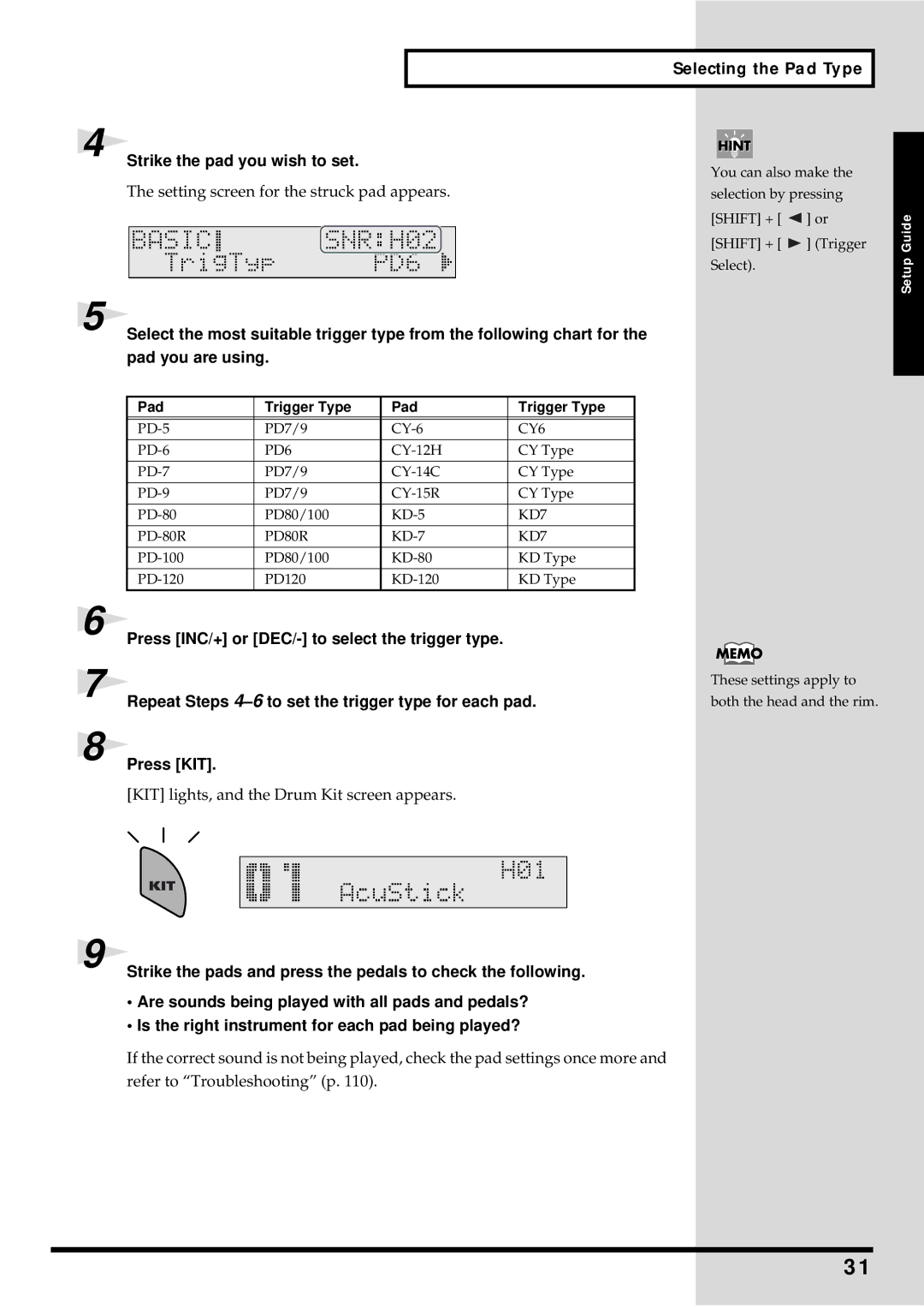 Roland TD-6 Strike the pad you wish to set, Selecting the Pad Type, Press INC/+ or DEC/- to select the trigger type 