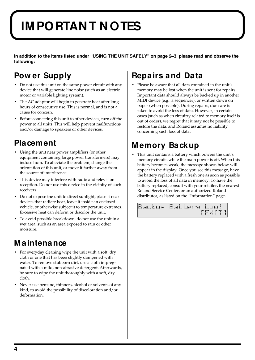 Roland TD-6 owner manual Power Supply, Placement, Maintenance, Repairs and Data, Memory Backup 