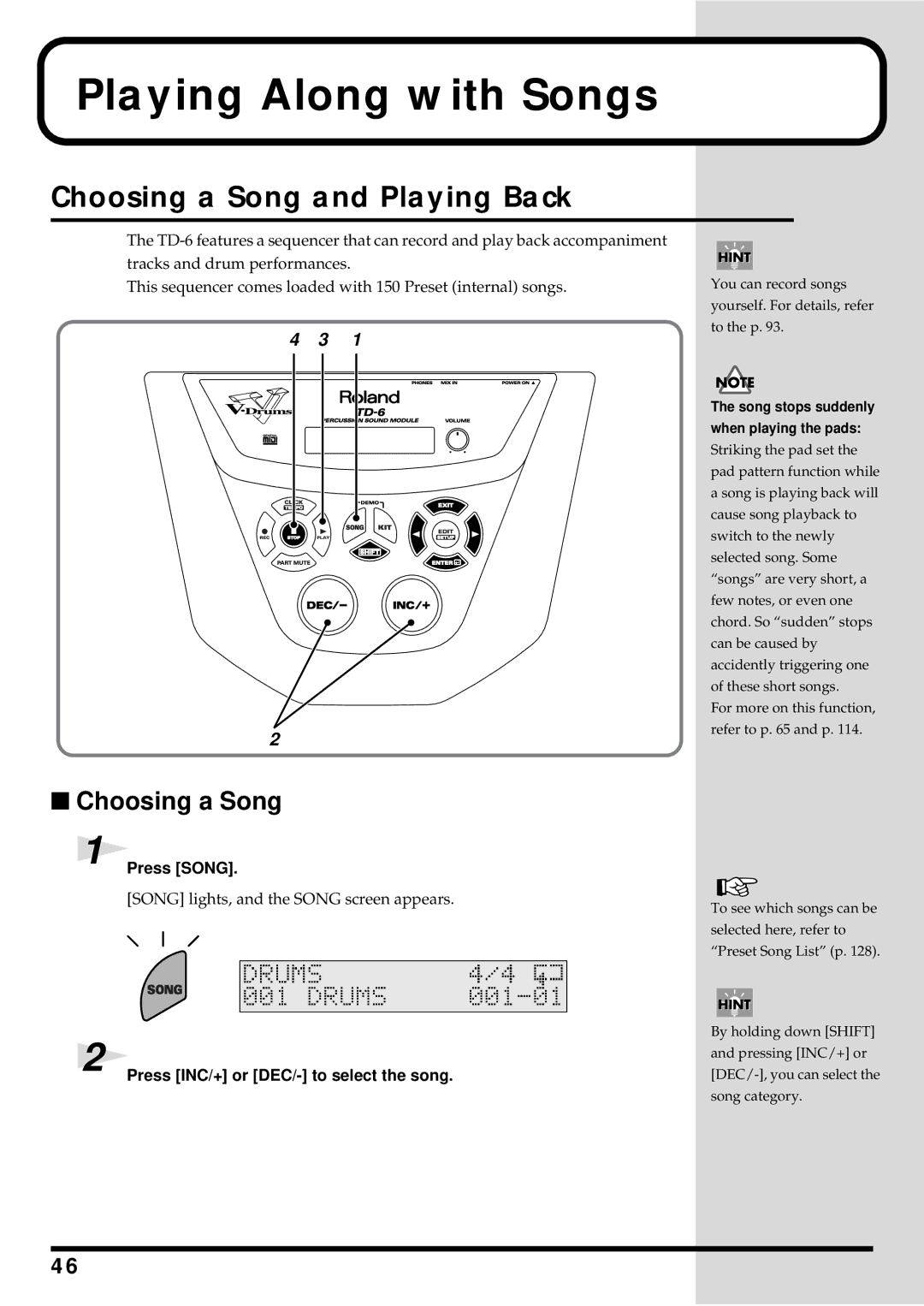 Roland TD-6 owner manual Playing Along with Songs, Choosing a Song and Playing Back, Press Song 