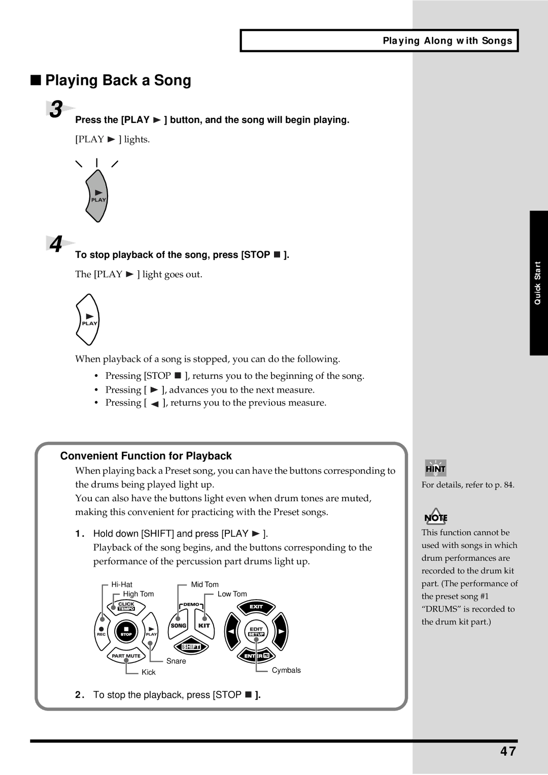 Roland TD-6 owner manual Playing Back a Song, Convenient Function for Playback, Playing Along with Songs 