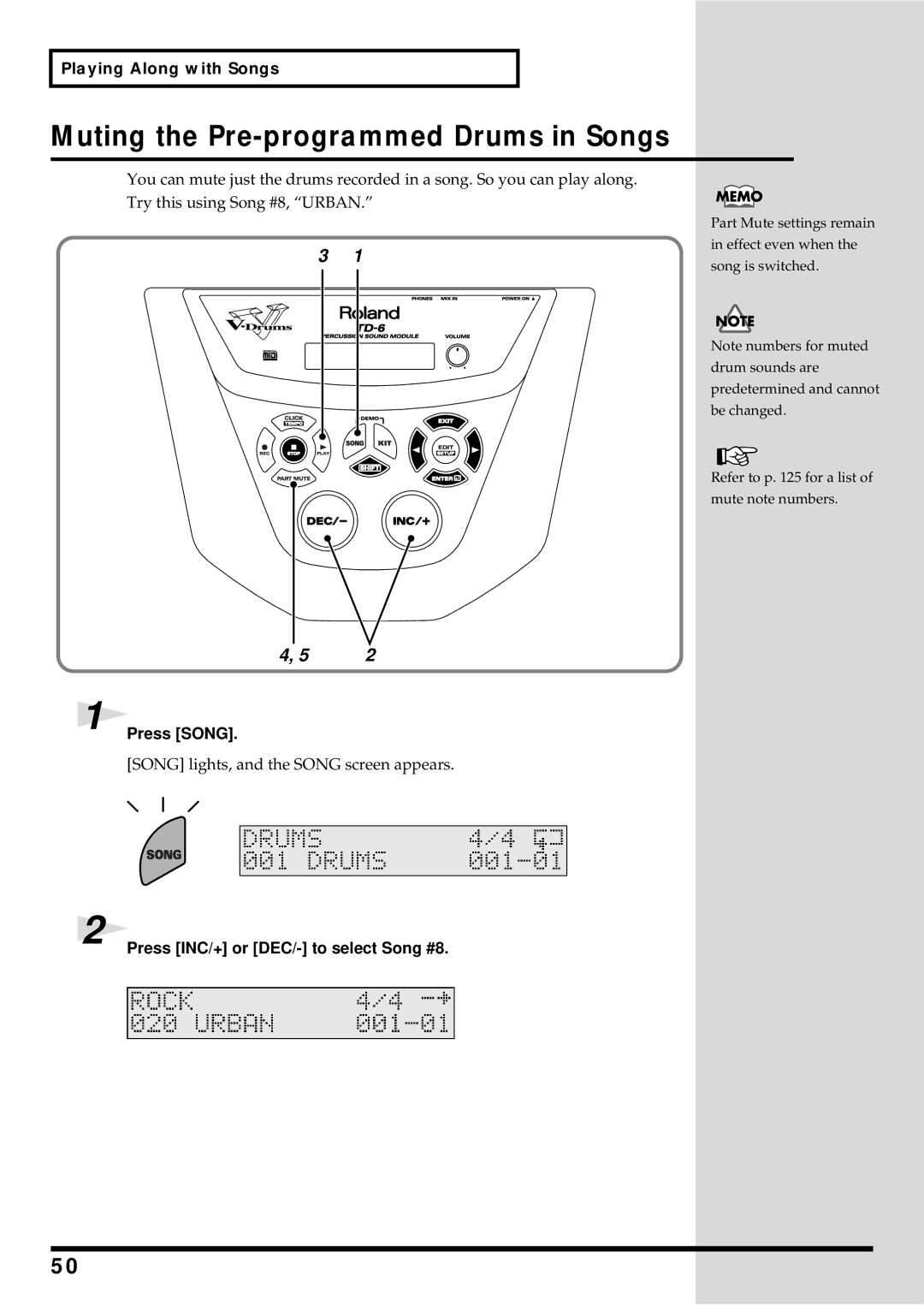 Roland TD-6 owner manual Muting the Pre-programmed Drums in Songs, Press INC/+ or DEC/- to select Song #8 