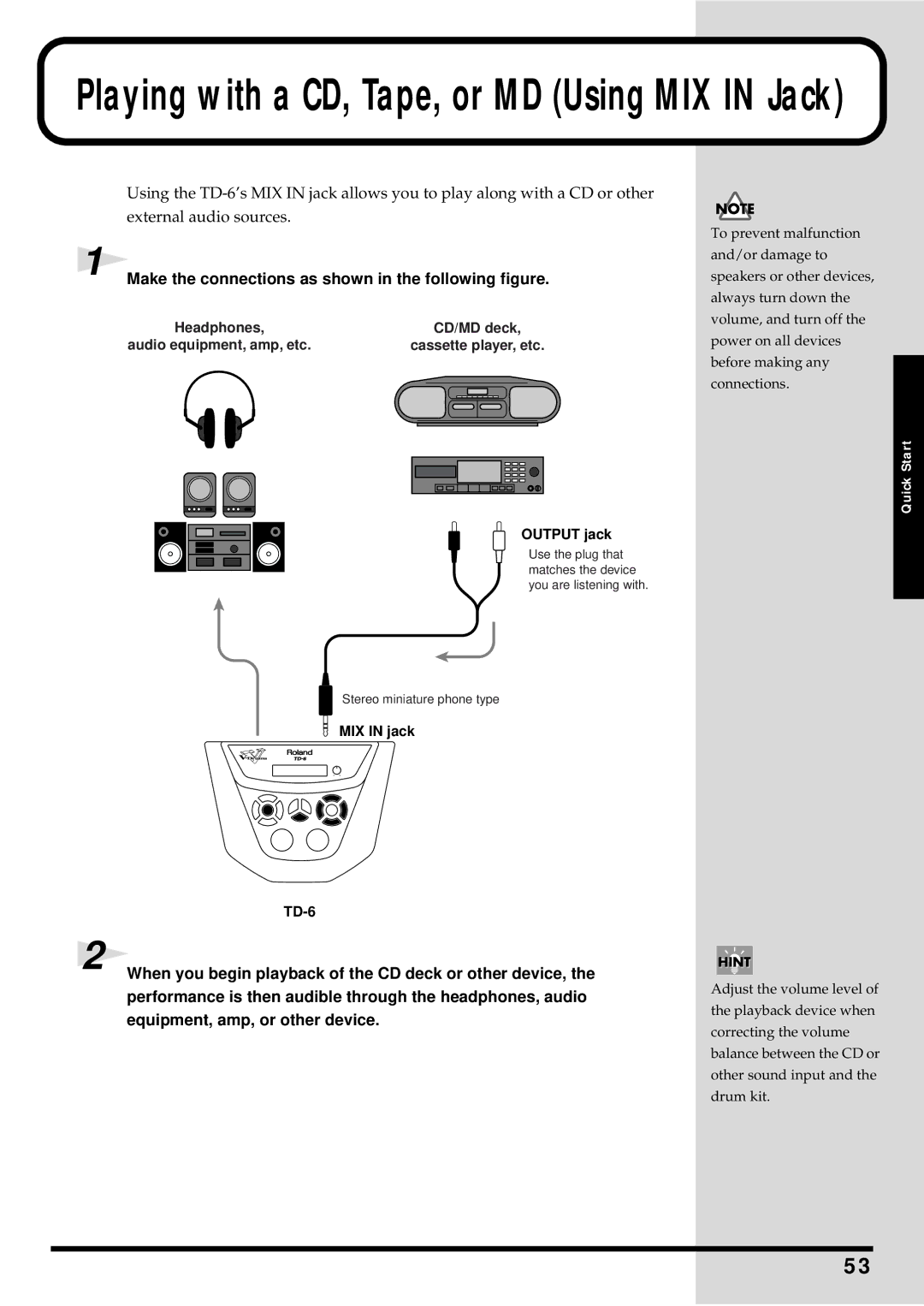 Roland TD-6 owner manual Make the connections as shown in the following figure, Output jack, MIX in jack 